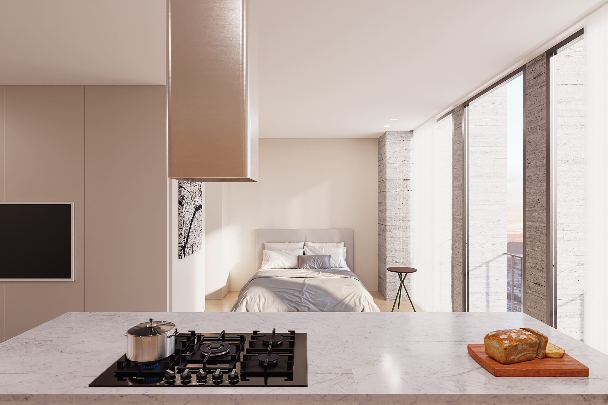 Cocina moderna con barra de granito en departamentos en venta en mazatlán en Arium Tower